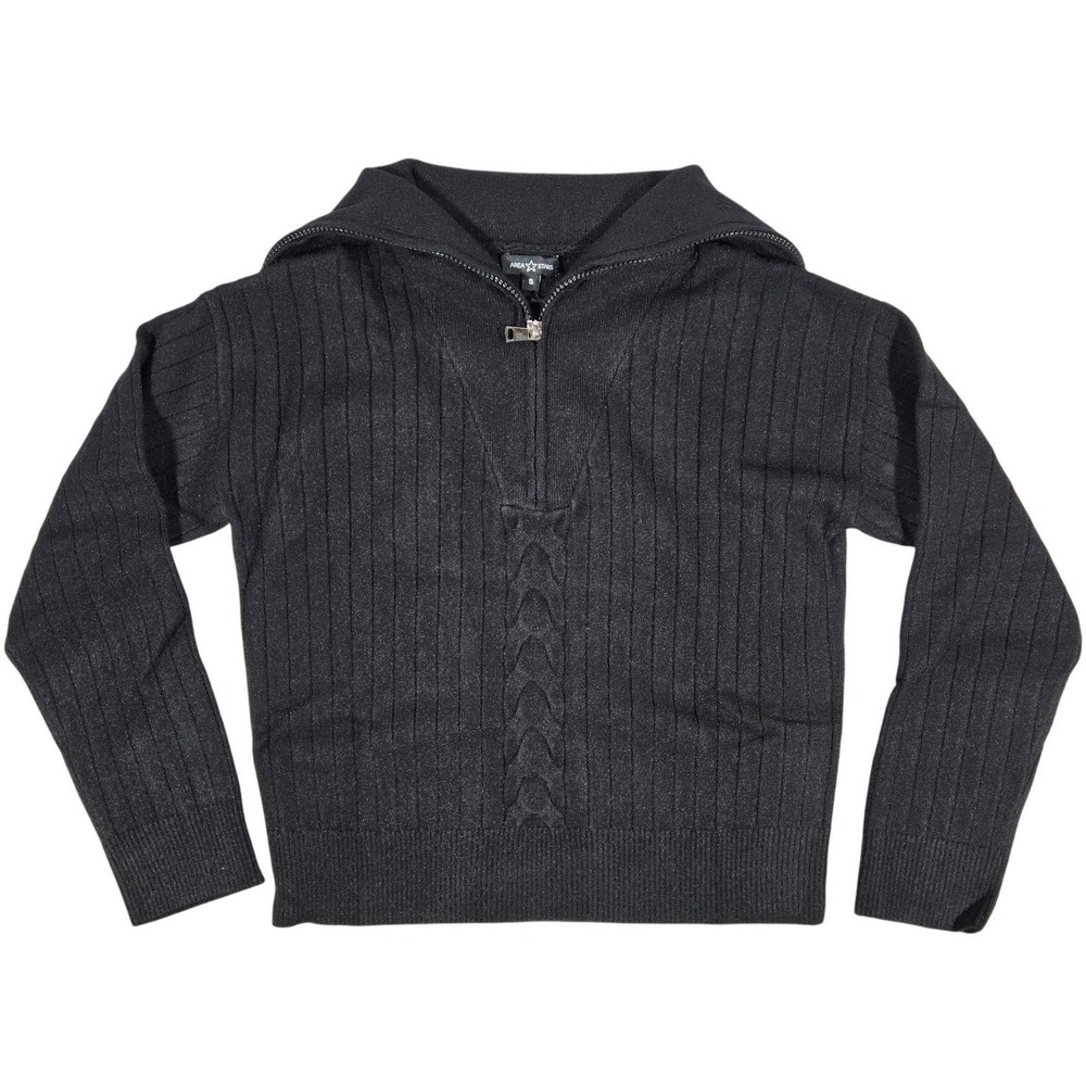 Area Stars Black Shimmer‎ Ribbed Cable Knit Quarter Zip Sailor Collar Sweater S